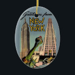 Retro New York City Greeting Ceramic Ornament<br><div class="desc">A fantastic retro postcard greeting for New York City.  We've repurposed this great image on an ornament.
The image is on both sides. You can purchase it as is or you can delete the image on the back  and personalize the ornament with a message.</div>
