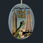 Retro New York City Greeting Ceramic Ornament<br><div class="desc">A fantastic retro postcard greeting for New York City. We've repurposed this great image on an ornament.
The image is on both sides. You can purchase it as is or you can delete the image on the back and personalize the ornament with a message.</div>
