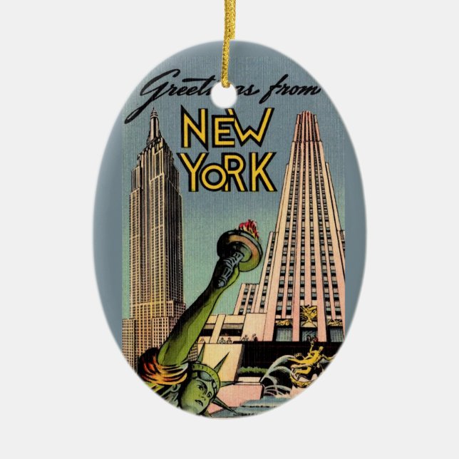 Retro New York City Greeting Ceramic Ornament (Front)