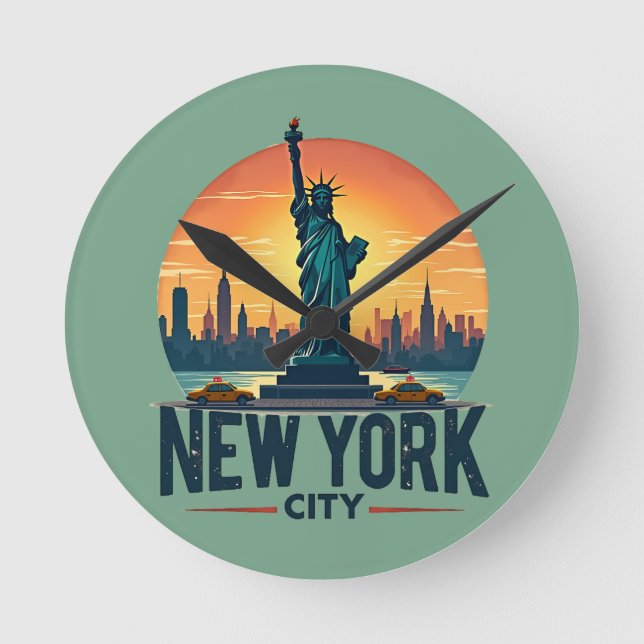 Retro New York City Skyline with Statue of Liberty Round Clock (Front)