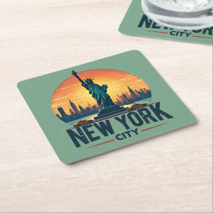 Retro New York City Skyline with Statue of Liberty Square Paper Coaster