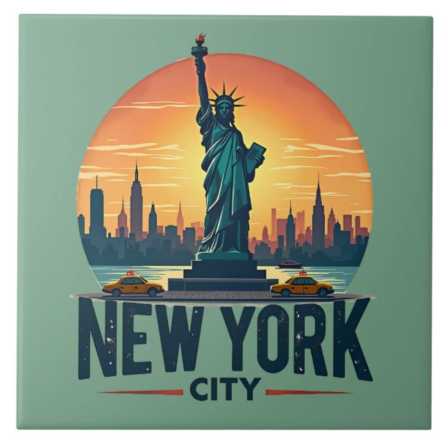 Retro New York City Skyline with Statue of Liberty Tile (Front)