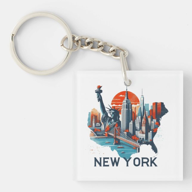 Retro New York Skyline Silhouette Keychain (Front)