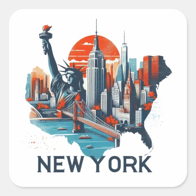Retro New York Skyline Silhouette Square Sticker (Front)