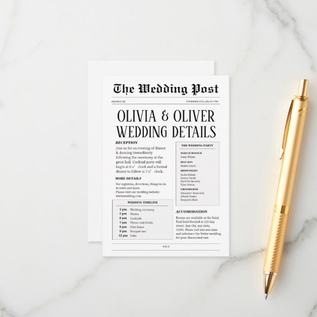 Retro newspaper wedding details  enclosure card (Front/Back In Situ)