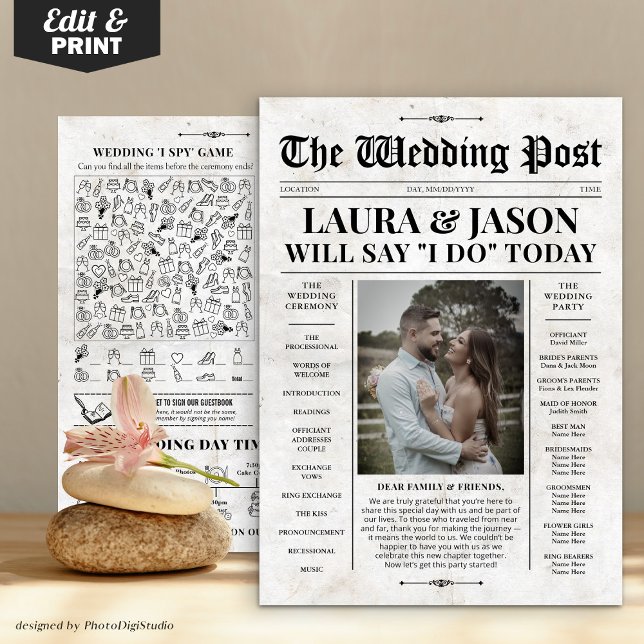 Retro Newspaper Wedding Program with Timeline Card (Retro Newspaper Wedding Program with Timeline Card)