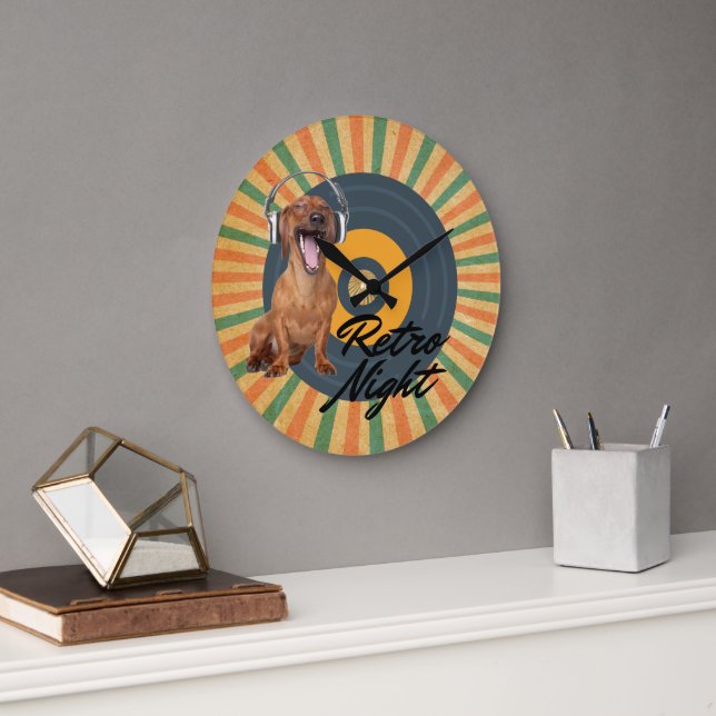 Retro Night Dog Music  Large Clock (Office)