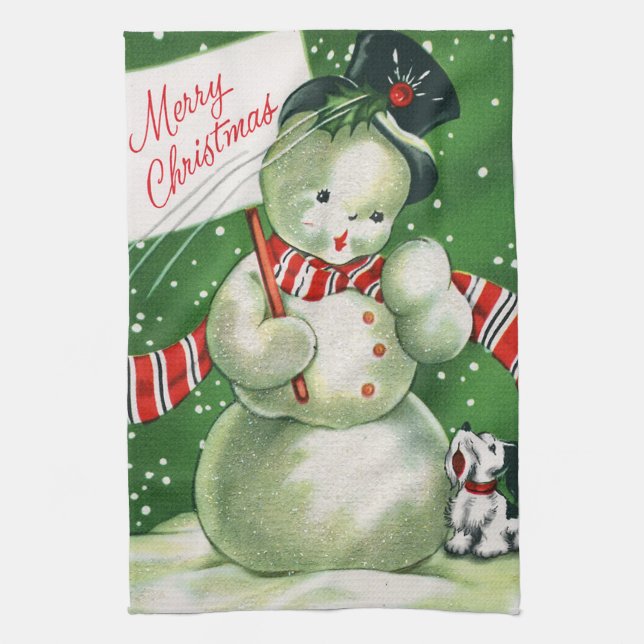 Retro Noël bonhomme de neige serviette de cuisine  (Vertical)