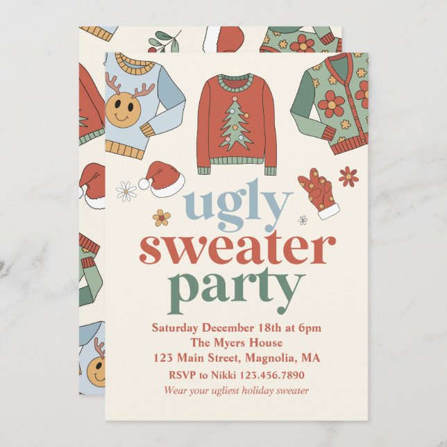 Retro Noël laid Sweater Party Invitation (Devant / Derrière)