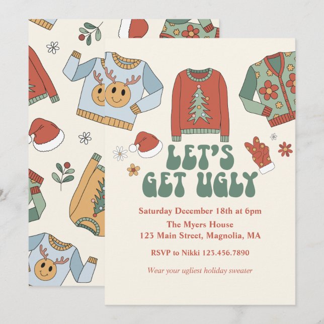 Retro Noël laid Sweater Party Invitation (Devant / Derrière)