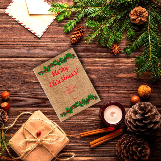 Retro Noël rouge typographie burlap Carte postale (Créateur téléchargé)