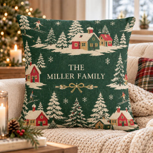 Retro Nordic Alpine Vintage Winter Village Name Throw Pillow