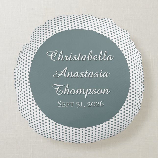 Retro Nostalgic Green Polka Dot Birth Stats Round Pillow (Front)