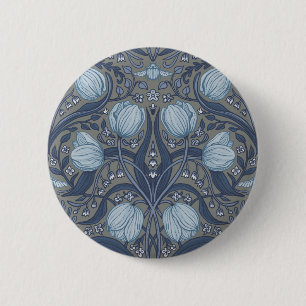 Retro Nouveau Tulips in blue and pewter 2 Inch Round Button