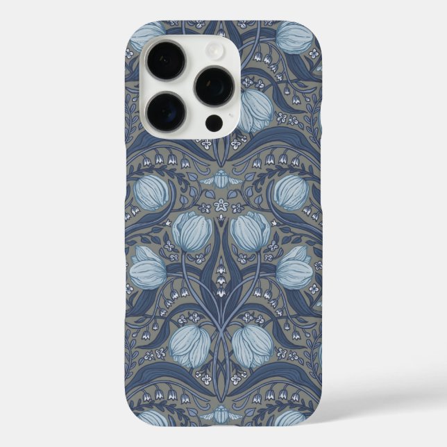 Retro Nouveau Tulips in blue and pewter Case-Mate iPhone Case (Back)