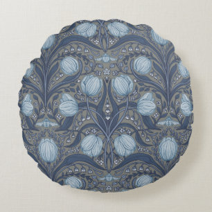 Retro Nouveau Tulips in blue and pewter Round Pillow