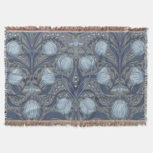 Retro Nouveau Tulips in blue and pewter Throw Blanket