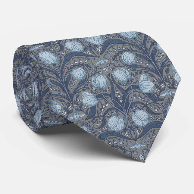 Retro Nouveau Tulips in blue and pewter Tie (Rolled)
