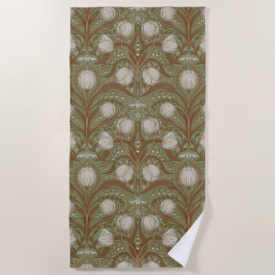 Retro Nouveau Tulips in orange and teal Beach Towel