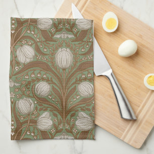 Retro Nouveau Tulips in orange and teal Kitchen Towel