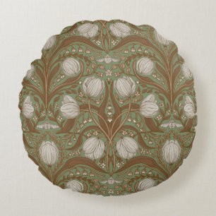 Retro Nouveau Tulips in orange and teal Round Pillow