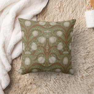 Retro Nouveau Tulips in orange and teal Throw Pillow
