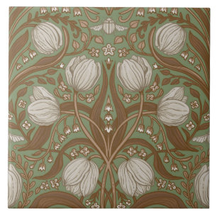 Retro Nouveau Tulips in orange and teal Tile