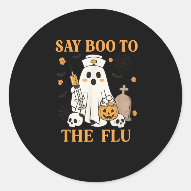 Retro Nurse Ghost Halloween Vaccine Say Boo To The Classic Round Sticker (Front)
