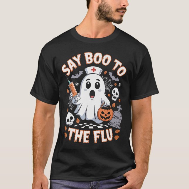 Retro Nurse Ghost Halloween Vaccine Say Boo To The T-Shirt (Front)