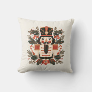 Retro Nutcracker with Candy Canes and Greenery Throw Pillow