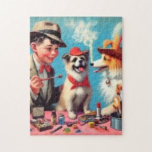 Retro Oil Painting Happy Dogs Jigsaw Puzzle