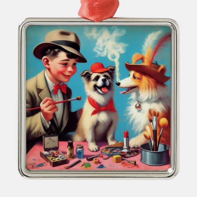 Retro Oil Painting Happy Dogs Metal Ornament (Front)