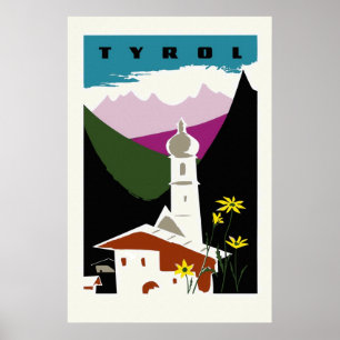Retro oil pastel drawing Tyrol Austria travel Poster