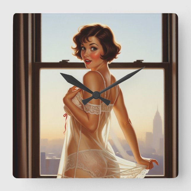 Retro Old School Pin-up Girl  Square Wall Clock (Front)