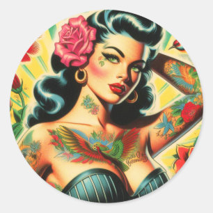 Retro Old School Tattoo Pinup Classic Round Sticker