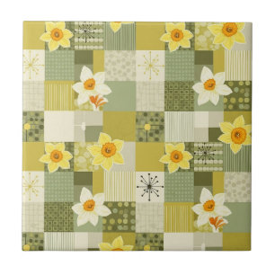 Retro Olive Daffodil Floral Tile - Mid Century