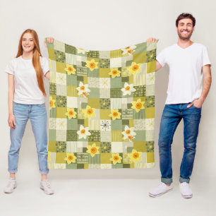 Retro Olive Daffodil Floral Tile - Mid Century Fleece Blanket