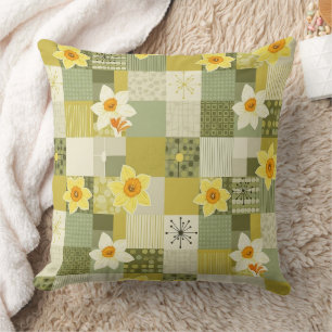 Retro Olive Daffodil Floral Tile - Mid Century Throw Pillow