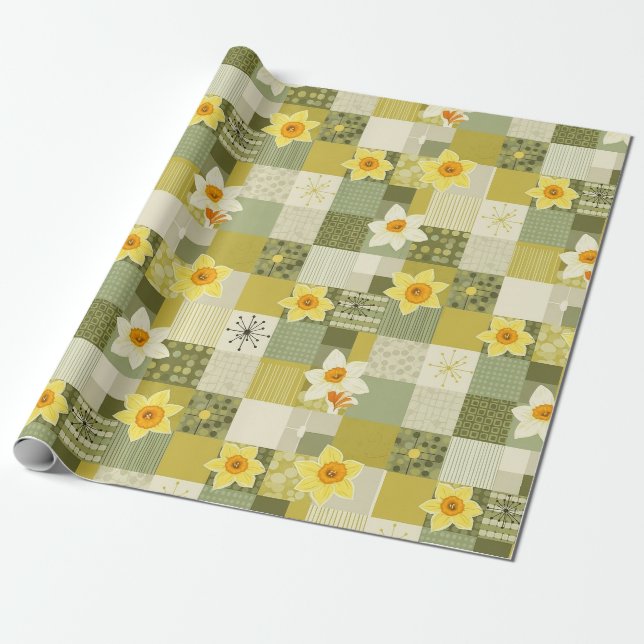 Retro Olive Daffodil Floral Tile - Mid Century Wrapping Paper (Unrolled)