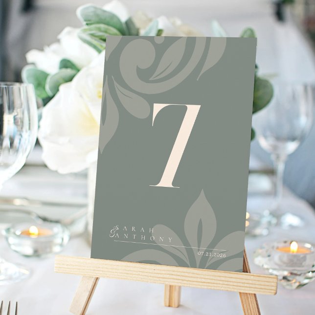 Retro Olive Elegant Damask Table Number Card (Creator Uploaded)