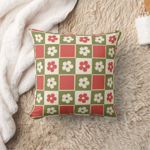 Retro Olive Green & Rust Daisy Chequerboard Throw Pillow