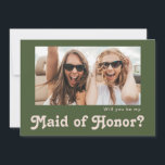 Retro Olive Photo Maid of Honour Proposal Card<br><div class="desc">This retro olive photo maid of honour proposal card is perfect for your classic funky vintage earth tones wedding. The design features a minimalist hippie rustic boho font. The neutral southwest desert colour palette and earthy bohemian mid-century lettering combine for a perfect, minimal modern western destination design. Feel free to...</div>