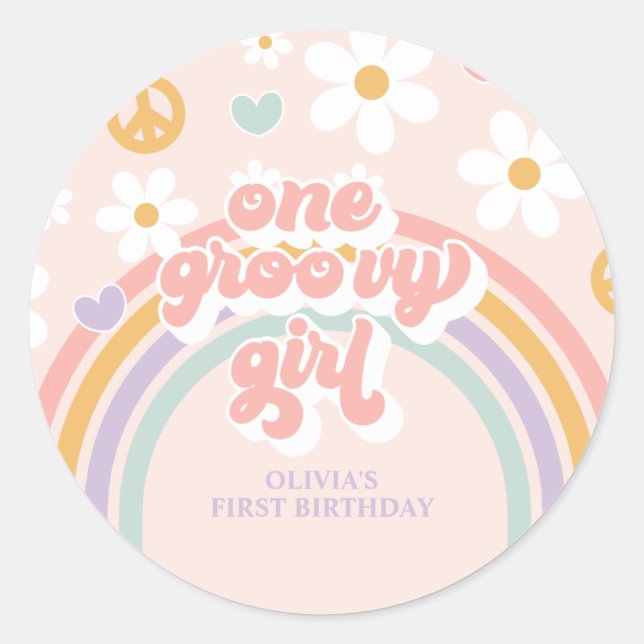 Retro One Groovy Girl Rainbow 1ST Birthday Classic Round Sticker (Front)