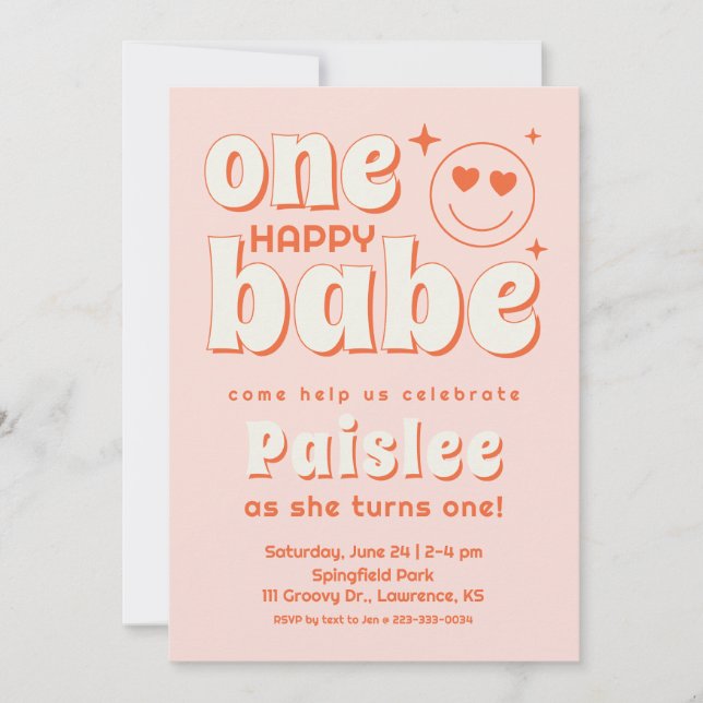 Retro One Happy Babe First Birthday Invitation (Devant)