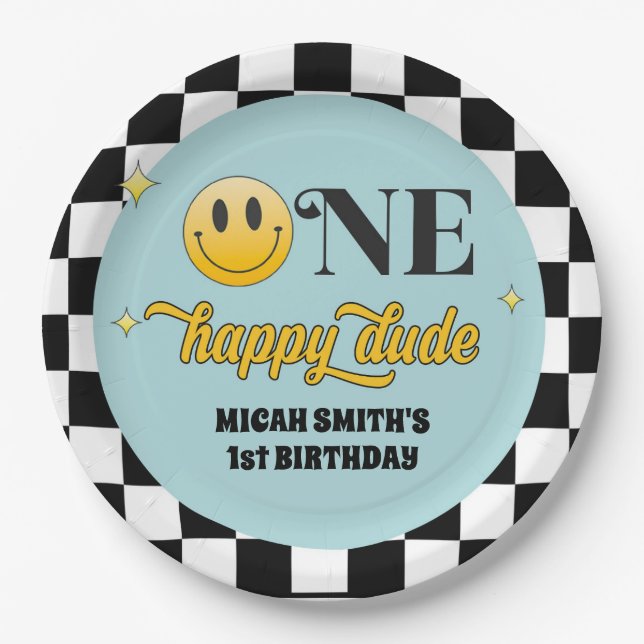 Retro One Happy Dude Birthday Paper Plate (Front)