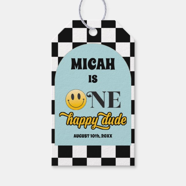 Retro One Happy Dude Birthday Thank You Tag (Front)