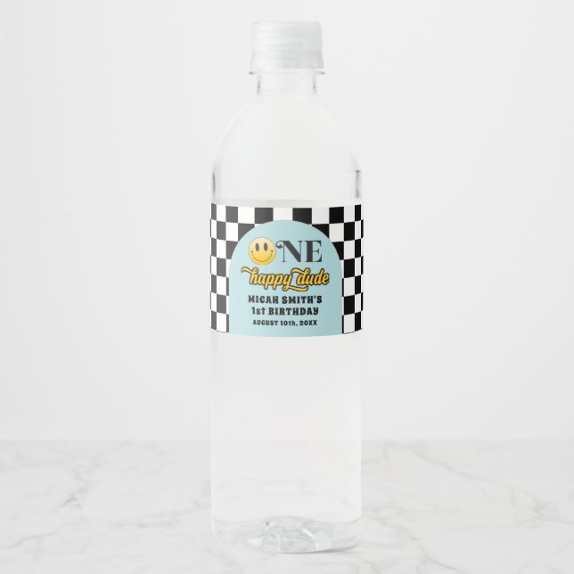 Retro One Happy Dude Birthday Water Bottle Label (Front)