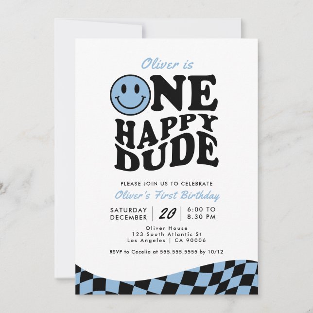 Retro One Happy Dude Blue Smile Face 1st Birthday Invitation (Front)