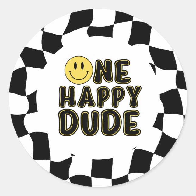 Retro One Happy Dude First Birthday Party Classic Round Sticker (Front)
