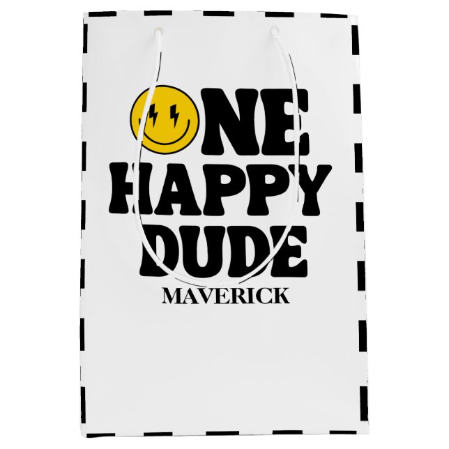 Retro One Happy Dude Smile Face Boy 1st Birthday Medium Gift Bag (Front)